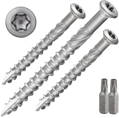 DSM – Terrassenschrauben 5 x 60 mm – Senkkopf mit Torx TX25 – 400 Stück | Edelstahl A4 – ETA-Zulassung [TrueSpec Präzision] unterkopfverstärkt, Fräsrippen, Schaftfräser, Cutspitze – inkl. 2 x S2-Bit
