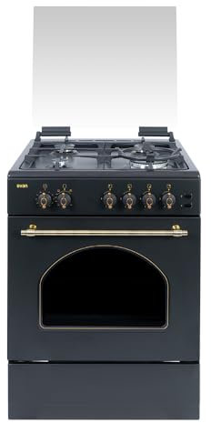 Svan Cocina Gas Butano 4 Zonas de Cocción, Horno 59 L, Rústico negro SKGW4600RN. Control Manual, Quemador WOK triple llama, 2 Programas de Cocción, Cristal en Puerta de Doble Capa, Tapa Abatible