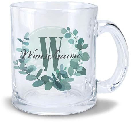 Kiwistar Tasse transparent Glas - Name Eukalyptus - individuell personalisiert mit Wunschtext bedruckt - Texttasse selbst gestalten - Tassen selber personalisieren - Spruch - Geschenk - Motivtasse
