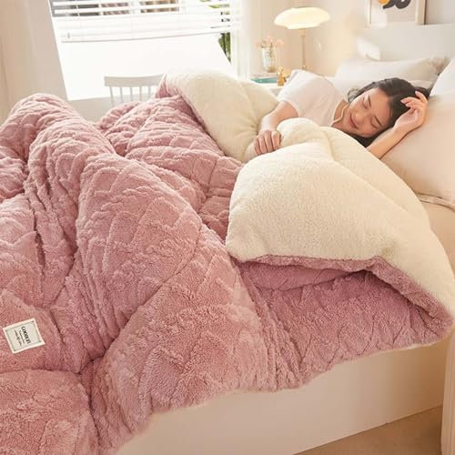 SHAIRMB Winterbettdecke, Warm dick Decke aus Lammfell, Atmungsaktiv Turm-Samtdecke, Verdickt, superweich Isolierung Hibiskus Winterdecke, Flauschig doppelseitig Kaschmirdecke,Rosa,150x200cm(2kg)