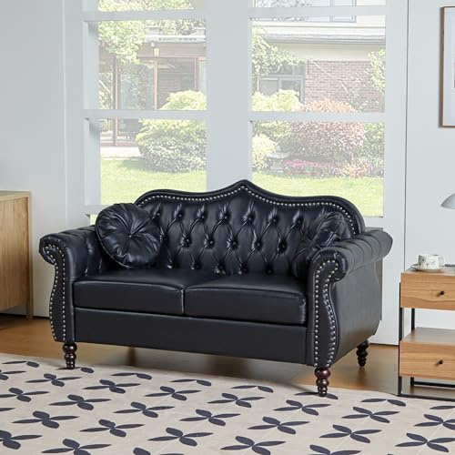 AVZEAR 60 Loveseat Sofa, Chesterfield Sofa, Mid-Century Modern PU Upholstered 2 Seater Sofa, Deep Button Tufted Living Room Sofa with Two Throw Pillows, Black