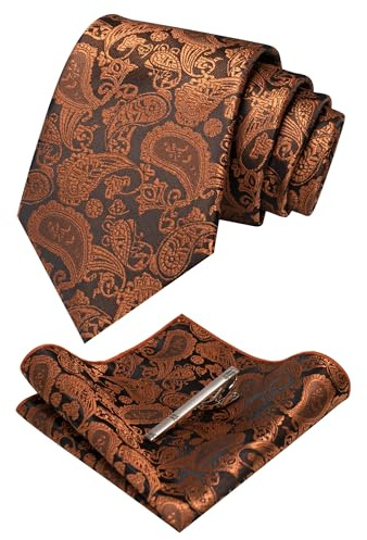 JEMYGINS Rosenholzbraun krawatte Paisley Seide Herren Krawatten und Einstecktuch mit krawattenklammer Sets