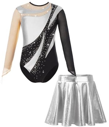 Yeahdor Kinder Mädchen Glänzend Tanz Outfit Set Langarm Ballett Trikot mit Strass + Faltenrock Gymnastik Eiskunstlaufen Bühnenauftritte Wettbewerbe A Silber 134-140