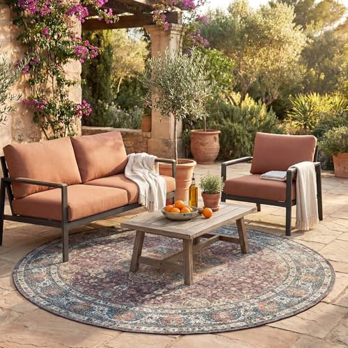 FRAAI | Home & Living In- & Outdoor Teppich Rund - Kairo Medaillon Bordeaux Rot - Wetterfest - Polypropylen - Flachgewebe - Wohnzimmer, Esszimmer, Balkon, Garten/Terrasse - Terrasse - Rug