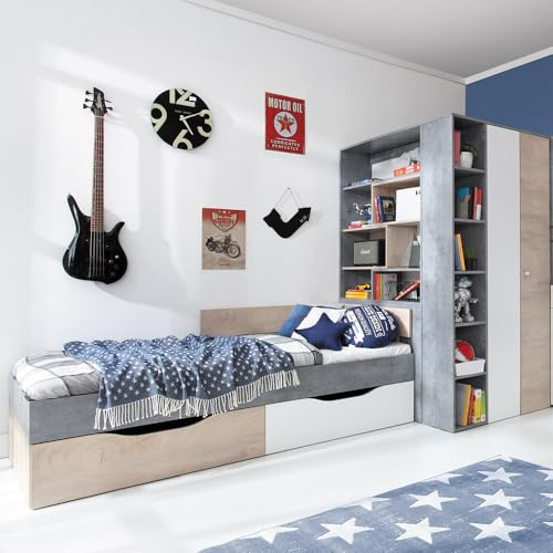 Lomadox Jugendzimmer Set 2-teilig mit Jugendbett 120x200cm, begehbarer Kleiderschrank in Beton weiß Eiche modern