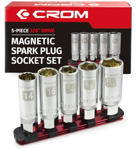 CROM Magnetic Spark Plug Socket Set - 5 Piece 3/8 Drive Spark Plug Removal Tool, Includes 14mm and 16mm Thin Wall Sockets, 9/16 inch, 5/8 inch and 13/16 inch Sockets, Aluminum Storage Rail Included
