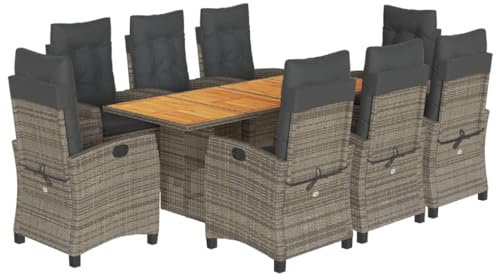 vidaXL 9-TLG. Garten-Essgruppe mit Kissen Grau Poly Rattan