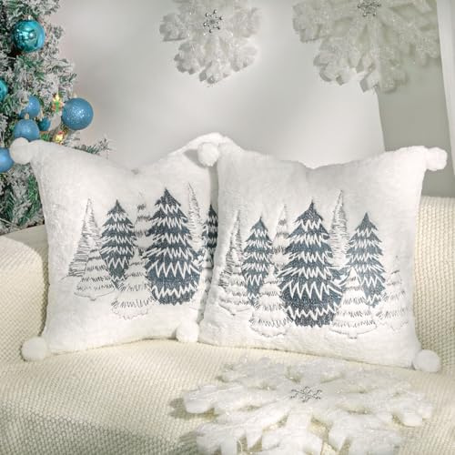 Lewondr Kissenbezug, 45x45CM Satz von 2 doppelseitigen Luxus weichen Kunstfell dekorative Kopfkissenbezug mit Plüsch Ball niedlich bestickt Zedernholz, Kissenbezug für Bett Home Decor Wohnzimmer, Weiß