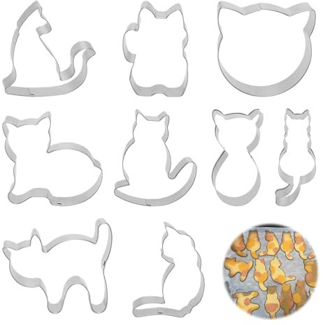 9Pcs Cat Shaped Cookie Cutters Set, Stainless Steel Animal Biscuit Cutters, Small Cookie Metal Moulds for DIY Baking, Pastry, Fondant, Cake