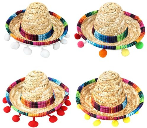 Sarini 4 piezas mini sombreros mexicanos, disfraz de fiesta del Cinco de Mayo, diademas de sombrero de paja, mini sombrero de paja divertido fiesta