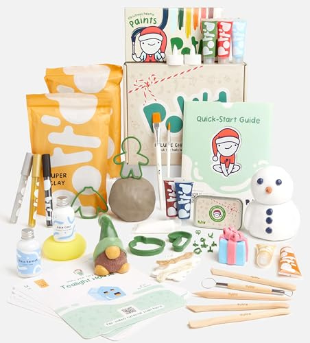 Pott'd Weihnachts-Deluxe-Töpferset - lufttrocknender Ton für Erwachsene, Werkzeuge, Farben, Pinsel, Stempel, Anleitungen | DIY Weihnachtsbaumdeko, anfängerfreundliches Töpferkit