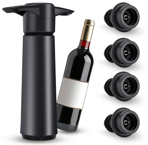 Wine Saver Pump with 4 Vacuum Stoppers, Reusable Silicone Preserver Keeps Wine Fresh, Stoppers for Bottles (Beer, Champagne, Sparkling)