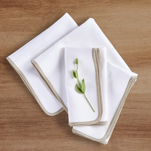 Solino Home Stoffservietten, Set mit 4 Stück, 100 % reines Leinen, Natur und Weiß, 50,8 x 50,8 cm, für den Sommer, waschbar, geschwungener Rand, Chloe
