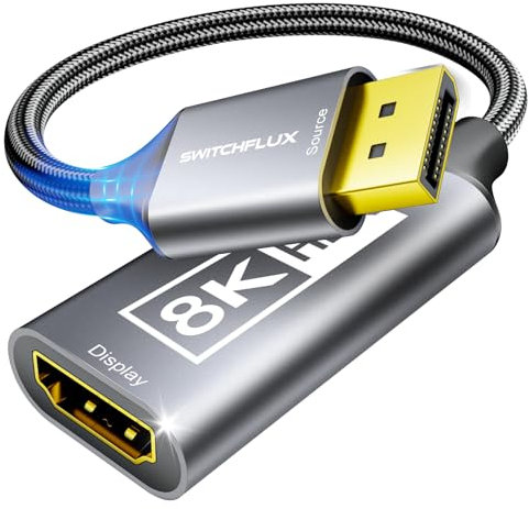 SWITCHFLUX 8K DisplayPort 1.4 to HDMI 2.1 Adapter [4K@120Hz,2K@165Hz] Uni-Directional DP Source to HDMI Display Converter Display Port for AMD/NVIDIA Cards PC (Not Compatible with PS5)