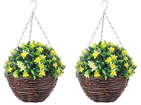 Pair of Best Artificial Lily Hanging Basket Topiary Ball - Suitable for Outdoor Use - Weather & Fade Resistant (Yellow)