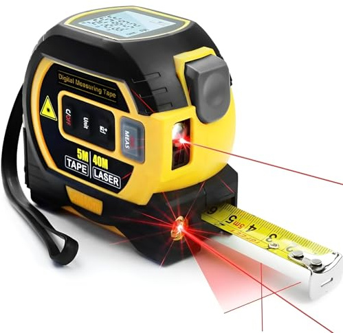 Mètre ruban laser 3 en 1 avec écran LCD et laser en croix | Outil de mesure laser numérique en pouces/pieds/mètres avec fonction de calcul, échelle jusqu'à 40 m | Mètre ruban de 4,9 m (jaune)