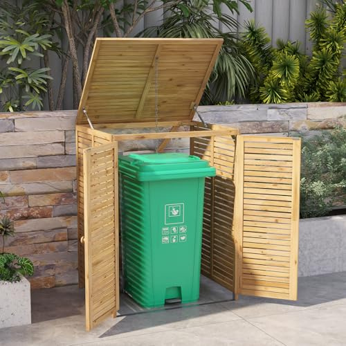 GOPLUS 120L Abris à Poubelle en Bois de Sapin, Résistant aux Intempéries, Couvercle Relevable, Chaîne Métallique, Armoire à Outils avec Porte Verrouillable pour Extérieur, 70x86x114cm