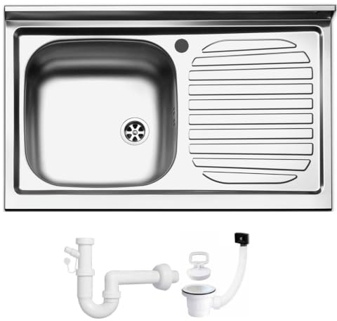 Lavello Appoggio Cucina no incasso 80X50 FHULLER serie ITALIA IT801RVE -1 Vasca 37X37 SINISTRA + Gocciolatoio 38X37 DESTRO - Inox Prelucidato Spessore 5/10 Vasche Profondità cm.16,6 Per Base da 80