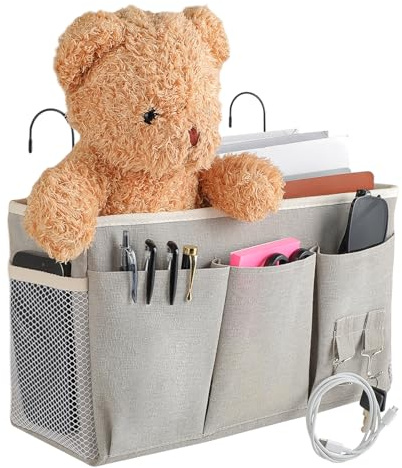 Windfromort Bett Tasche - Baumwolle und Leinen Bett Organizer - Bett Organizer zum Einhängen - Bett Tasche zum Einhängen für Bücher, Handy, Spielzeug, Hochbetten(Grau)