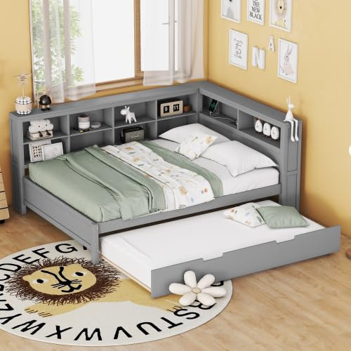 Tagesbett Massivholzbett 140x200, Multifunktionsbett mit Ausziehbett 90x190&USB-Steckdose&mehreren Ablagefächern, Schlafsofa Doppelbett Gästebett Kinderbett Jugendbett Bettgestell mit Lattenrost, Grau