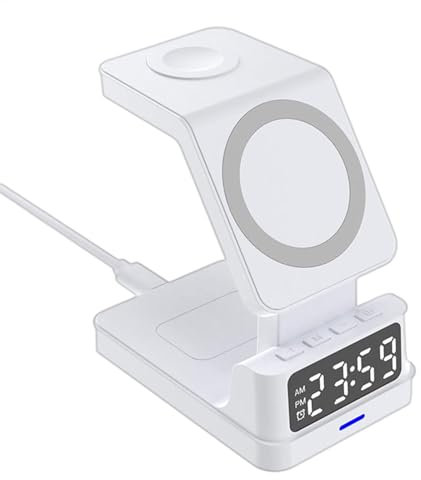 WLAN -Ladestation mit Wecker - 15W Ladestationsinhaber - Ladegeräte mit DREI drahtlosen Ladestationen für Reisen, Geschäftsreise, Arbeitsbereich, Zuhause, Schule