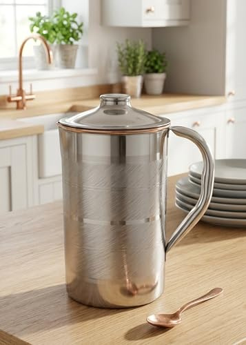 IMTRA FASHION Wasserkrug Aus Kupfer Und Edelstahl 1500 ML/50,7 Fl Oz Silberner Krug Mit Deckel Zum Trinken Ayurveda Gesundheitliche Vorteile
