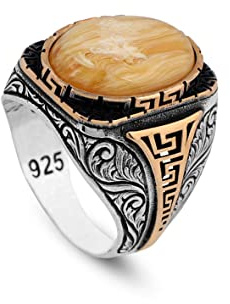 Jewellery Pit Anillo de hombre hecho a mano, anillo turco de plata hecho a mano para hombre, anillo de hombre otomano, anillo de ámbar, anillo para hombre, regalo para él, anillo de ámbar prensado