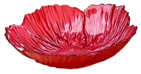 Obstschale aus Glas, Blumenform, dekorative Glasschale, Brot, Snack, Schmucktablett, Süßigkeitentablett, rutschfeste Süßigkeitenschale für Obst, Dessert (groß, rot)