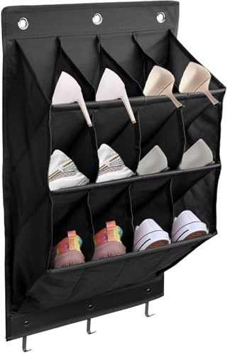 Schuhaufbewahrung Hangend -12 Großen Taschen, Schuhregal Hängend tür Schuh Organizer hängend mit 3 Metallhaken 3 Selbstklebenden Haken, Hängen Schlafzimmer und Wohnmobil Tür für Schuhe (Schwarz）