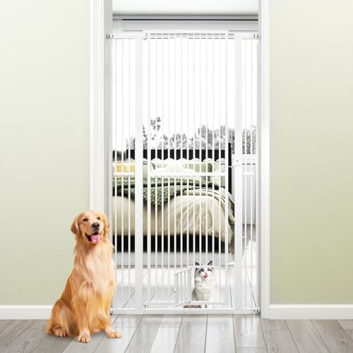 COSTWAY Dörrskyddsgaller hundar, avstängningsgaller helt hög, 77–104 cm x 171 cm, skyddsgaller med liten dörr, 2 förlängningar, dörrgaller utan borrning, utdragbart hundgaller, säkerhetsgaller metall