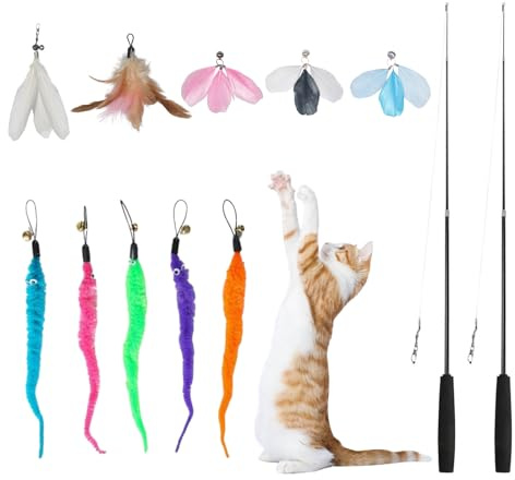 KLVGTIFS 12 Pièces Jouet Chat Interactif, Jouet à Plumes pour Chats, 2 Rétractable Canne à Pêche Jeux, 10 Recharges avec Cloche, Jeux Interactif pour l'intérieur Chatons, Stimule l'instinct de Chasse