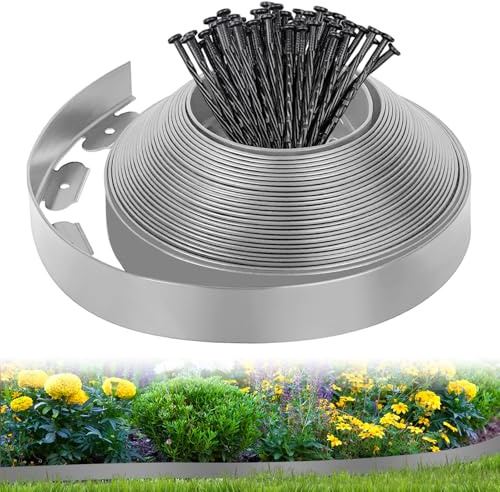 Bordure de Pelouse Flexible 10M x 5cm, Clôture de Jardin en Plastique avec 50 Piquets, Bordure de Délimitation pour Pelouse, Parterre, Allée de Patio, Gris