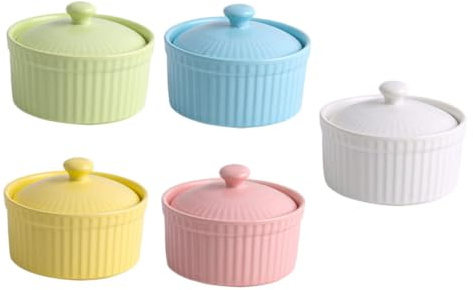 AUTSUPPL Lot de Bols à Pudding Céramique avec Couvercles Bols de Cuisson pour Gâteaux Légers et Desserts Résistants Au Four et Micro-ondes Couleurs Assorties Vert Rose Blanc Jaune Bleu