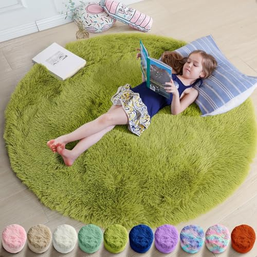 Amdrebio Grass Green Small Fuzzy Round Circle Rug 3Ft for Bedroom Classroom | Fluffy Shag Plush Moss Indoor Carpet, Reading Corner Dorm Kids Nursery Toddler Sensory Room Decor, Nature Forest Aesthetic