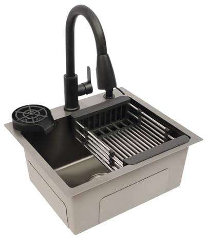 Svart diskbänk med utdragbar kran rostfritt stål inbyggd diskbänk med utdragbar kran kopphandfat avloppskorg tvåldispenser svart 42 x 37 x 20 cm 360°, med diskho dräneringskorg