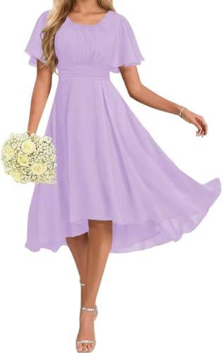 AHERKLL Vestido de dama de honor con mangas con vuelo, para jóvenes, cintura plisada, gasa, noche, cóctel, fiesta, mini vestido AH065, Lila, 34