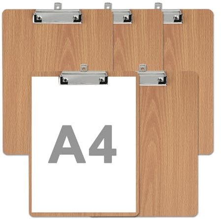 Lot de 5 Porte Bloc A4, Clipboard, Planchettes à Pince en Bois, Planchettes à Pince avec Clip Métallique et Crochet de Suspension, pour Bureau, Salle de Classe, Affaires, Restaurant