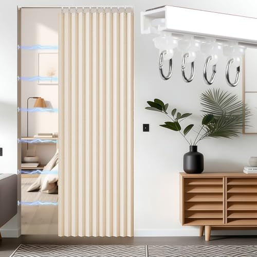 XLSBZ Blickdichter Türvorhang mit Stange und Magnetknopf, Faltbarer Türgardine H 200 x B 140 cm, Klebemontage ohne Bohren, Thermovorhang für Schlafzimmer Schrank (Beige)