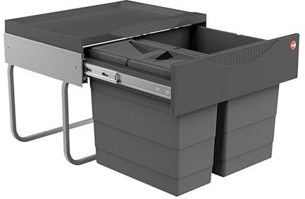 Hailo Abfallsammler 3644902 | Raumspar-Tandem-S | 30L Einbau-Mülleimer | 2-fach Trennung 18 + 12 Liter mit Eimerdeckel | Vollauszug per Hand | Für Spülenunterschränke ab 50 cm | Stabile Metallführung