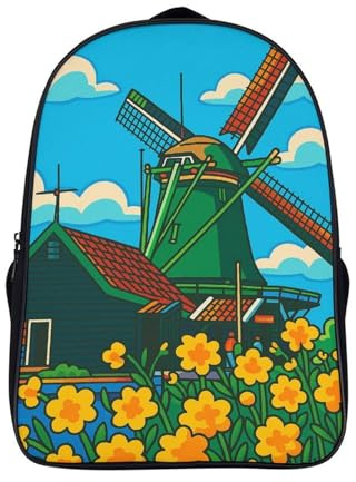 elegant 2 fächer academy rucksäcke mit seitlichen netztaschen blume 3d gedruckter schultasche coole holländische windmühlen schulrucksack-16,für jungen mädchen geeignet für auf der arbeit