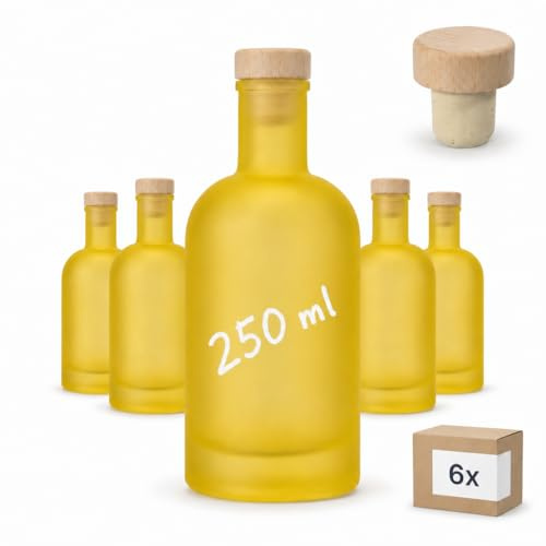 gouveo Juego de 6 botellas de cristal 250 ml Classic esmeriladas amarillo (0,25 l) con tapón de corcho con asa de madera – Botellas vacías para sirope, licor, aceite, vinagre y decoración
