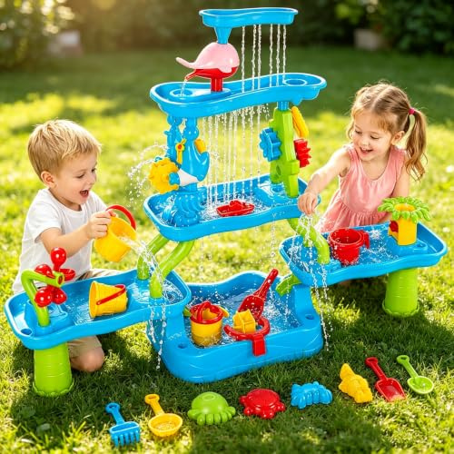 Tavolo da gioco per bambini per esterni, tavolo da gioco per sabbia e acqua a 4 livelli, con accessori per sabbiera, laghetto a cascata, set da gioco sensoriale, tavolo per sabbia e acqua per giardino