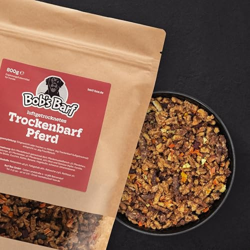 TrockenBARF Cheval 100 g | Barf séché à l'air libre pour chiens | 80 % cheval avec entretoises | Barf sans congélation | Sec ou trempé | Idéal pour les vacances, les voyages et le camping