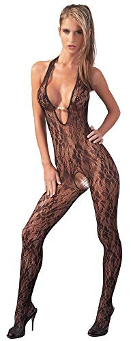 NO:XQSE Ouvert-Catsuit - sexy Neckholder-Body für Frauen, mit offenem Schritt, tiefem Dekolleté, floralen Spitzen-Details, schwarz