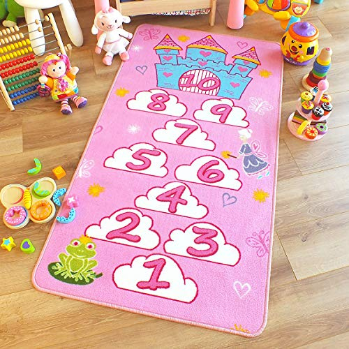 Princess Castle Hopscotch Pink Childrens Rug Play Mat 80cm x 150cm (2'6 x 5' approx)