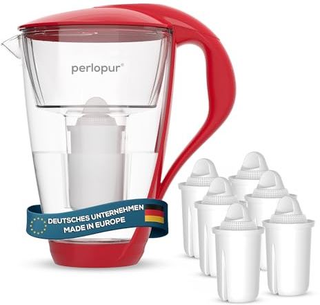 perlopur® Glas-Wasserfilter (rot) +6 Filterkartuschen Universal | Borosilikatglas, 2 l gesamt, 1 l gefiltert, LED-Anzeige, für classic Kartuschen, reduziert Kalk, Chlor & andere Schadstoffe