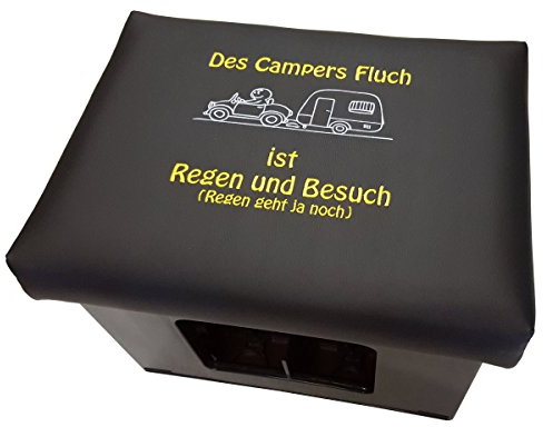 Bierkistensitz Bierkiste Bierkistensitz Bierkastensitz Sitz Bierkasten Aufsatz Hocker Auflage Polster Stehtische (Spruch:des Campers Fluch ist Regen... Schw.-Grün, Schwarz)