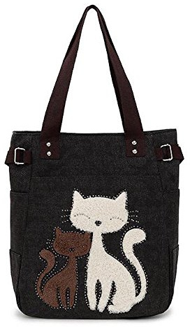 ShopINess Bolso Tote de Lona con Gatos Bordados Múltiples bolsillos Cremallera Práctico Bolso de Hombro Mujer (Gris Oscuro)