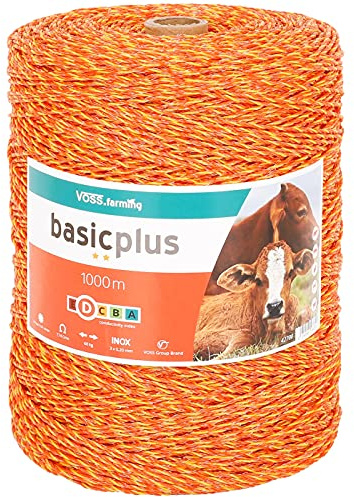 VOSS.farming 1000m-5000m Robuste Weidezaunlitze gelb-orange 3x0,20 NIRO + Verbinder und Warnschild Weidezaun Elektrozaun