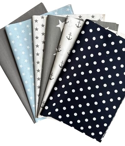 babrause® Stoffpaket Patchwork Baumwollstoffe 12 x (25x35cm) blau hellblau grau - Stoffe - Punkte, Sterne, Rauten, Anker, Pünktchen, Sterne